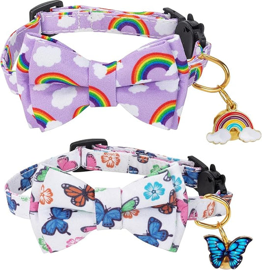 Breakaway Cat Collar with Cute Bow Tie Bell 2Pack Rainbow Butterfly Pattern for Male Female Soft Cotton Kitty Kitten Collar Cute Summer Collars Ideal for Girl Cats Boy Male Cats