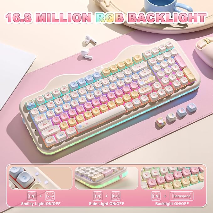YUNZII C98 Cute Cake Wireless Mechanical Keyboard (Beige, Candy Switch) | 99 Keys with Number Pad, Hot Swap, PBT MOA Keycaps, BT5.0/2.4G/USB-C, Gasket Mount, Custom RGB Backlit for Win/Mac