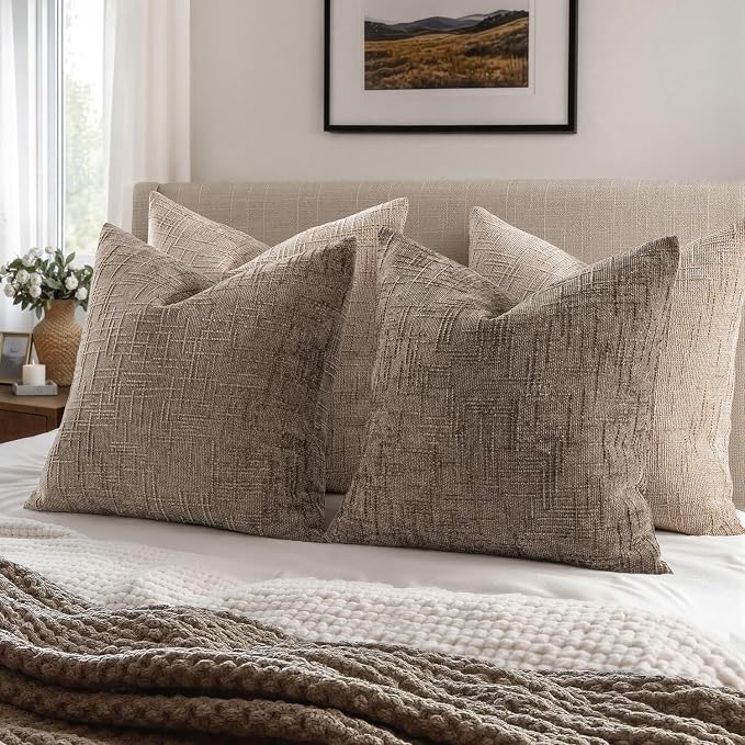 MIULEE Chenille Textured Euro Pillow Covers Taupe Grey 24x24 Set of 2 | Slubby Decorative Throw Pillows, Fall Boho Farmhouse Decor, Modern Neutral Cushion Covers for Couch Sofa Bed Living Room