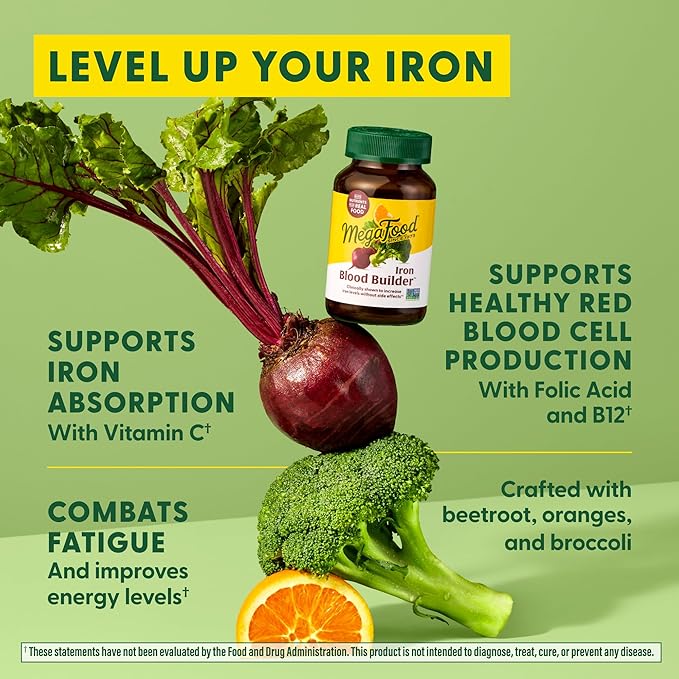 MegaFood Blood Builder - Iron Supplement Clinically Shown to Increase Iron Levels without Side Effects - Supplement for Women with Vitamin C, Vitamin B12 & Folic Acid - Vegan - 180 Tabs