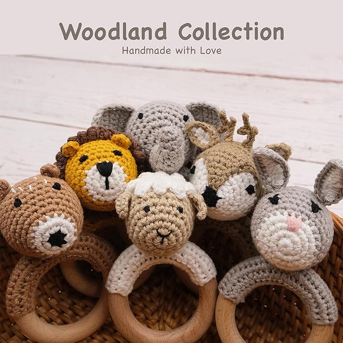 Joliecraft Natural Wooden Baby Rattle Soft Shaker Toy with Teething Ring for Infants Cream Lamb