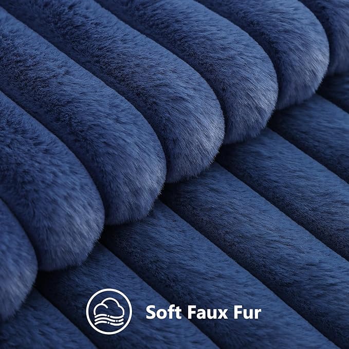 decorUhome Fall Faux Fur Throw Pillow Covers 16x16 Set of 2 Navy Blue | Decorative Soft Cozy Striped Plush Modern Farmhouse Boho Couch Pillow Cases Velvet Back for Sofa Bed Living Room Home Decor