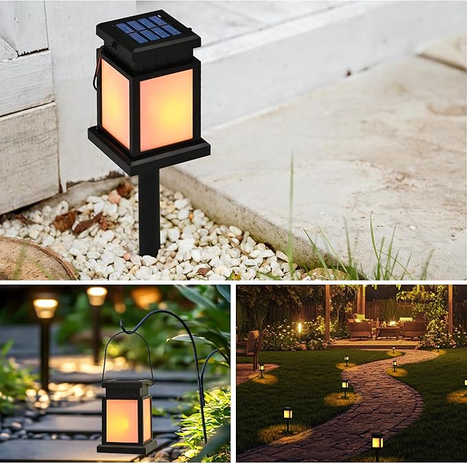 GIGALUMI Solar Lanterns Outdoor Waterproof, 4 Pack Hanging Solar Lanterns for Outside, Flame Effect Outdoor Lights for Pathway, Garden, Patio, Lawn, Porch, Gazebo, Tent, Tree, Yard(Flickering Lights)