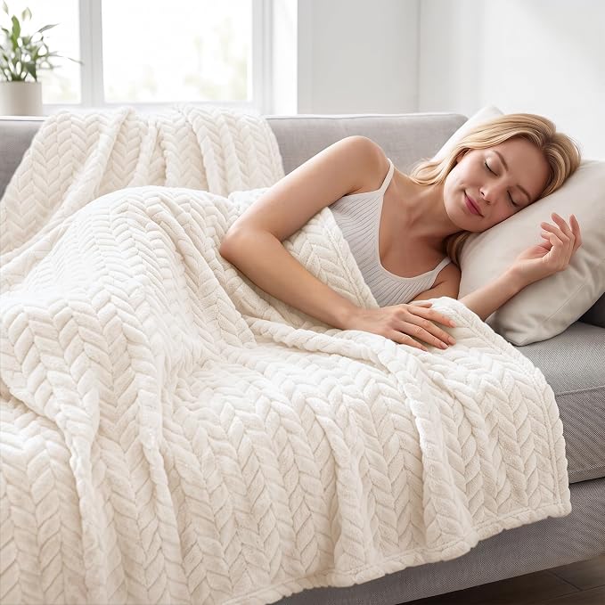Exclusivo Mezcla Fleece Throw Blanket for Couch Sofa, 50”x70”, Off White | Oversized Soft Cozy Fluffy Blankets for Summer, Decorative Plush Flannel Throws for Living room, Bedroom with Leaves Pattern