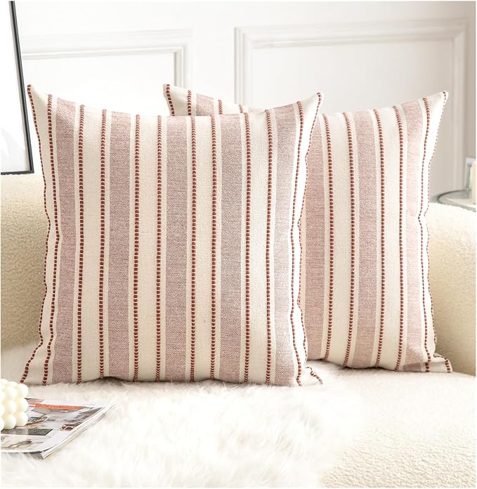 Cethom Decorative Boho Throw Pillow Covers, Farmhouse Textured Pillow Case, 22 x 22 Inch Set of 2, Chair Sofa Bedroom Living Room Home Decor Couch Cushion Case, Rust and Beige Striped