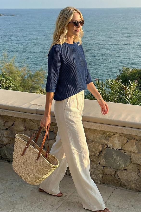 Arach&Cloz Womens Summer 100% Cotton Oversized Crochet Tops 3/4 Length Sleeve Sweater Hollow Out Casual Blouses 2026