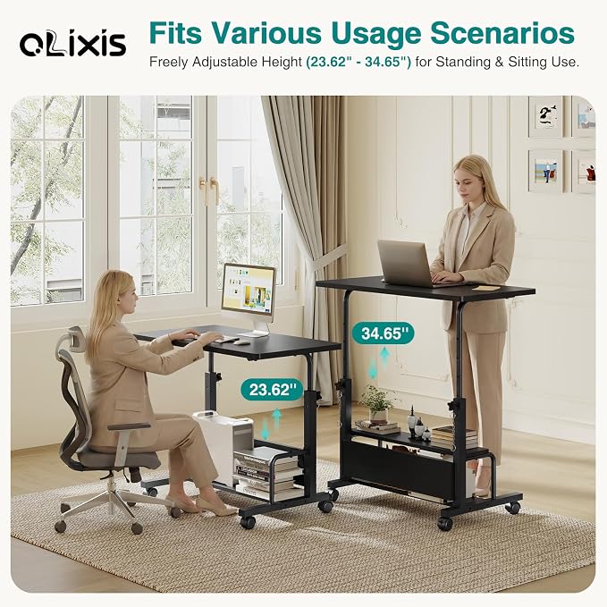 OLIXIS Rolling Desk, Storage Shelves, Laptop Table, Home Office | Height Adjustable Design, Computer Desks on Wheels, Portable for Small Spaces Use, Black