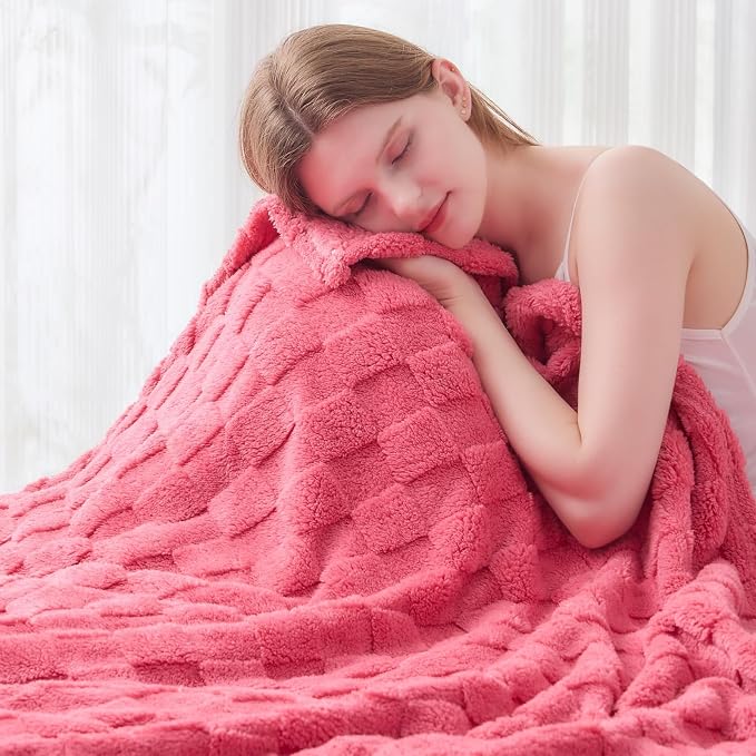 NEWCOSPLAY 3D Checkered Flannel Throw Blanket, Coral Pink, 50"x70" | Super Soft Cute Lightweight Decorative Premium Silky Fleece Blanket for Couch Sofa Bed, Gift for Women Men, All Season Use