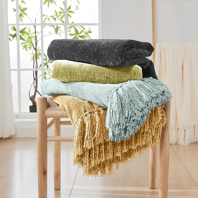 CozeCube Chenille Throw Blanket, Light Brown Fringe Blanket, 60"X80" | For Couch, Cozy Plush Fuzzy Decorative Blanket with Fringe Tassels, Lightweight Throws for Bed Sofa Gift Home Decor