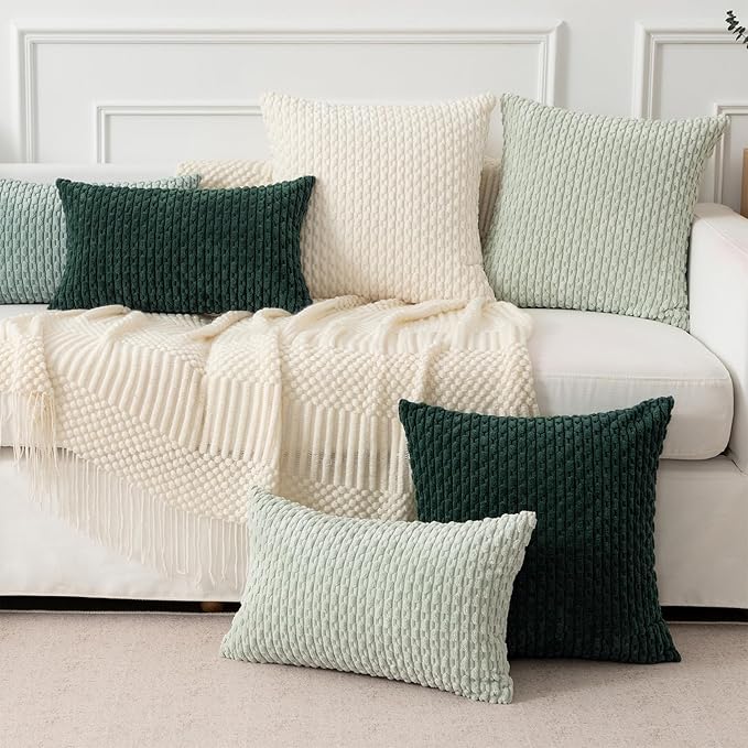 Kevin Textile Soft Corduroy 12"x20" Lumbar Pillow Cover 1 Pack, Army Green | Boho Stripe Plush Corduroy Decorative Oblong Cushion Cover Modern Farmhouse Home Decor for Sofa Couch Bed Chair