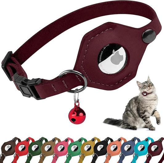 Breakaway Airtag Cat Collar with Removable Bell - Leather Pet Collar with Apple Air Tag Holder - Adjustable GPS Collars for Girl Boy Cats Kitten Puppy - Lightweight, Cute and Comfortable (Burgundy)