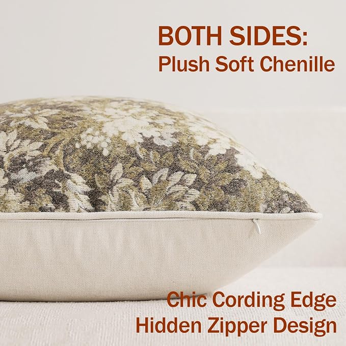 Pack of 2 Vintage Floral Throw Pillow Covers 22x22 Boho Farmhouse Accents Chenille Square Decorative Pillow Cases for Living Room Couch Bed Home Decor, Beige