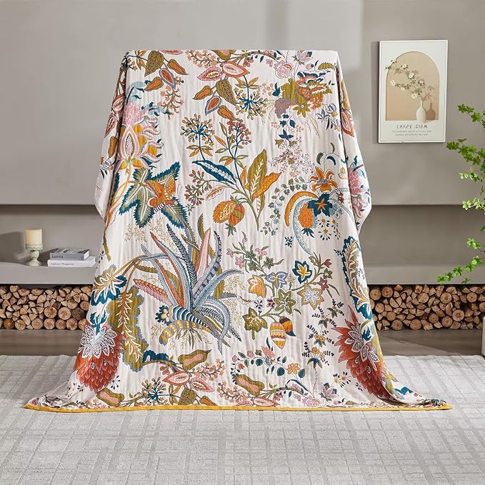 Boho Throw Blanket Farmhouse Decor Throw Blanket Bohemian Blanket for Bed 100% Cotton Muslin Woven Couch Blanket All Seasons Quilt Bedroom (J-Beige, 50"x60")