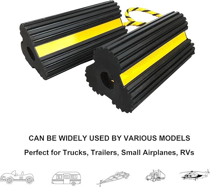 HOXWELL Heavy Duty Rubber Dual Wheel Chocks, RV Non Slip Wheel Stoppers with Nylon Rope Yellow Reflective Tape, Wheel Block for Travel Trailers, Aircraft, Car, Camper, Truck 1 Pair