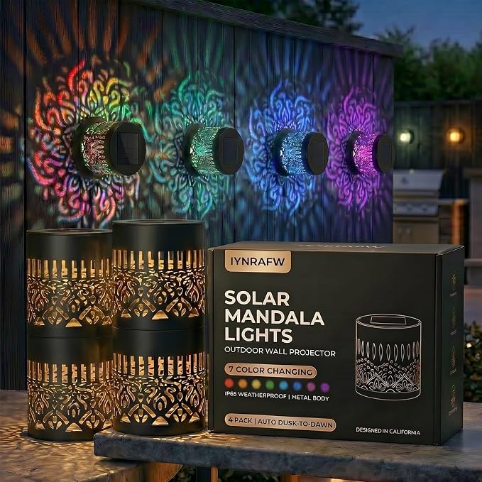 Solar Mandala Lights Outdoor Wall Projector Metal 7 Color Changing IP65 Waterproof Decorative Mounted Wireless Night Lighting for Yard Patio Fence Deck Pathway Garden Decor and Holiday Gifts