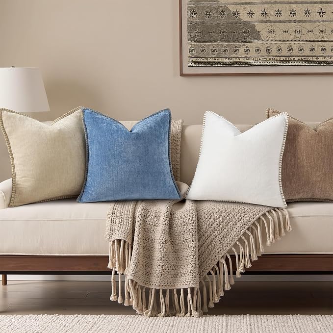 decorUhome Soft Chenille Throw Pillow Covers 12x20 Set of 2 Brown | Fall Textured Decorative Throw Pillow Cases Stitched Edge Modern Farmhouse Luxury Boho Velvet for Couch Sofa Bed Home Decor