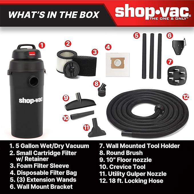 Shop-Vac 9522205 5 Gallon 5.5 Peak HP Hangup Wet/Dry Vacuum, 1.25 Inch Diameter x 18 Foot Hose, 6 Foot Cord, Wall Mount Included, Ideal for Garage, Workshop & Home