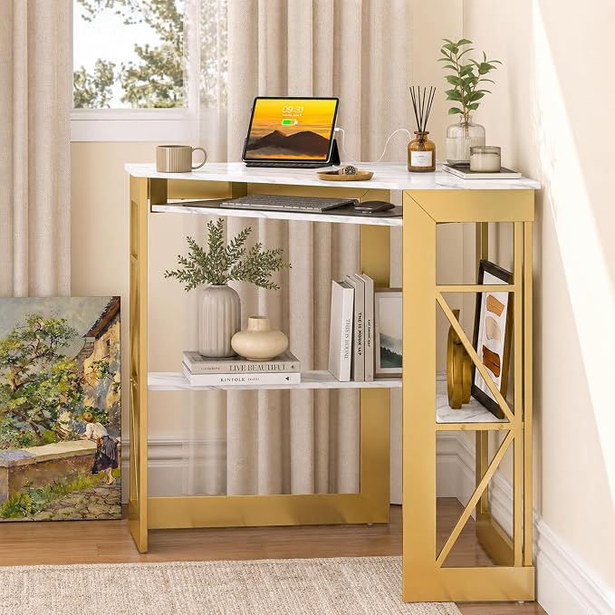 VECELO Corner Desk, Triangle Computer Desk for Small Space with Charging Station and Keyboard Tray, Corner Makeup Table with Storage Shelves for Home Office Bedroom, 41x30, Gold