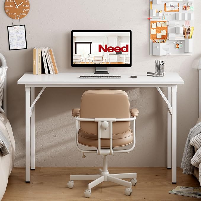 Need Office Computer Desk 39.3 Inch Sturdy Folding Laptop Table White | White Frame Writing Gaming Work Table/Foldable Home Office Desk/Sewing Table, No Assembly Required