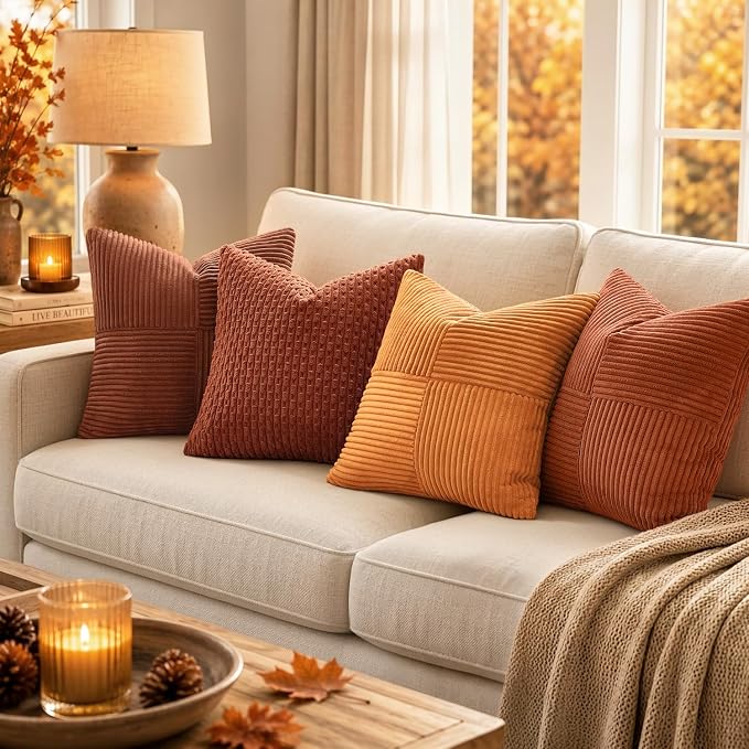 MIULEE Fall Burnt Orange Decorative Throw Pillow Covers for Couch 20x20 in | 2 Pack, Boho Farmhouse Pillow Covers, Soft Cross Corduroy Patchwork Textured Cushion Cases For Bed Sofa