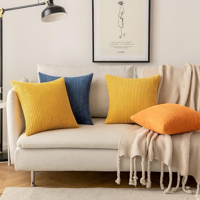 MIULEE Soft Corduroy Throw Pillow Covers Set of 2 16x16 Mustard Yellow | Decorative Striped Textured Cushion Cases, Boho Rustic Square Pillowcases, Home Decor for Couch Chair Sofa Bed Living Room