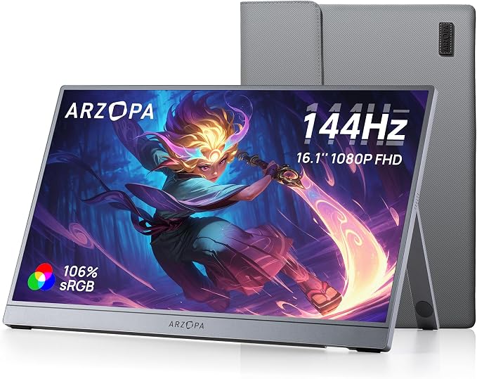 ARZOPA 16.1'' 144Hz Portable Gaming Monitor 106% sRGB-Z1FC Gray | 1080P FHD Kickstand Portable Monitor with HDR, Ultra Slim, Eye Care, External Second Screen for Laptop, PC, PS5, Mac, Xbox