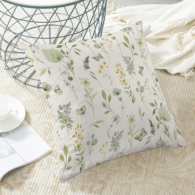 AEIOAE Spring Pillow Covers 24x24 Inch Set of 2, Sage Green Yellow Wild Flower Throw Pillows Case,Colorful Seasonal Floral Plant Outdoor Decorative Farmhouse Decor Cushion Covers for Sofa Bed Couch
