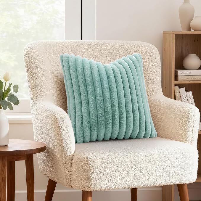 decorUhome Fall Faux Fur Throw Pillow Covers 24x24 Set of 2 Aqua | Decorative Soft Cozy Striped Plush Modern Farmhouse Boho Couch Pillow Cases Velvet Back for Sofa Bed Living Room Home Decor