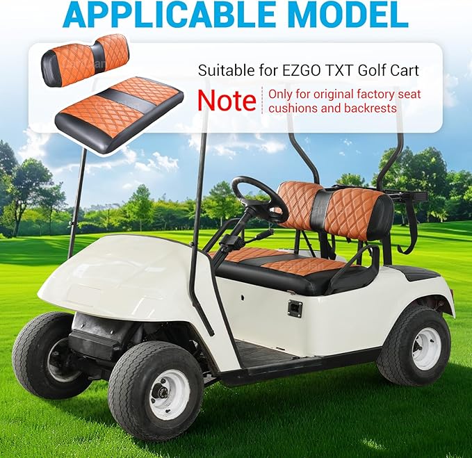 Golf Cart Diamond Seat Covers Kit Suitable for EZGO TXT Standard Front Seat Cushion, Golf Cart Front Seat Covers Kit No Drilling & Waterproof (Brown PVC Leather & Black Stitching)
