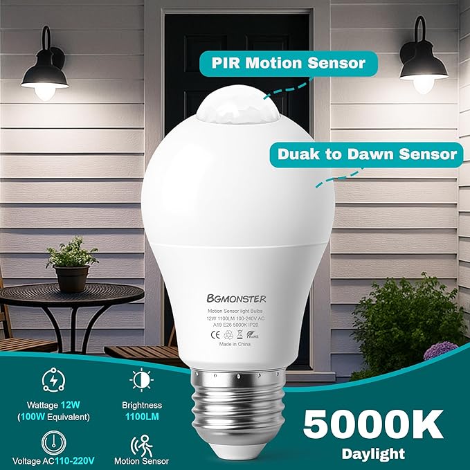 6-Pack Motion Sensor Light Bulbs, 12W(100W Equivalent), Movement Security LED Bulb(Energy Efficient) Indoor/Outdoor, Motion Activated Dusk to Dawn Bulb for Porch, Garage, Basement, Hallway, Stairs