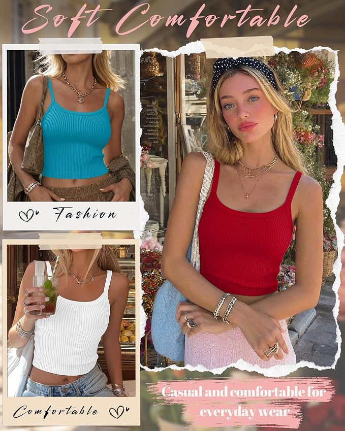 Ficerd 3 Pack Women's Tank Tops 95% Cotton Spaghetti Strap Ribbed Crop Camisole Slim Fitted Basic Summer Sleeveless Layer