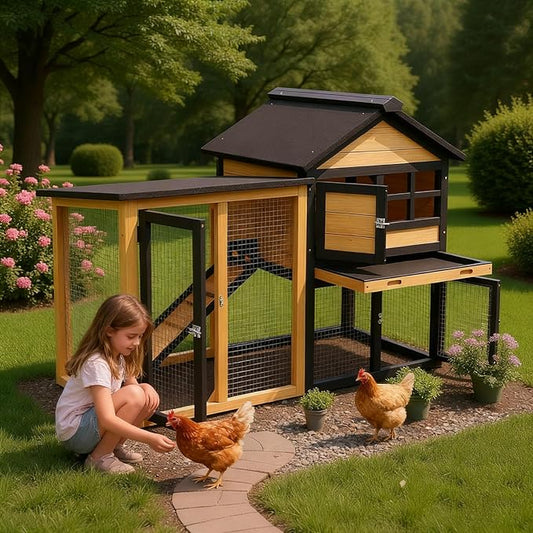 Bunny Cage Premium Rabbit Hutch with Leak-Proof Roof, 2-Story Bunny House for Guinea Pigs & Hamster, Wooden Chicken House with Deep Pull-Out Tray, Waterproof Chicken Coop for Outside (Yellow Black)