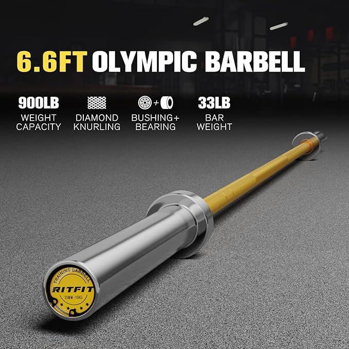RITFIT 7FT Olympic Barbell for Strength and Weightlifting Training - 2 Inch Olympic Bar for Squat, Deadlift, Bench Press, Curl, Overhead Press - 500lbs/1000lbs/1500lbs Capacity