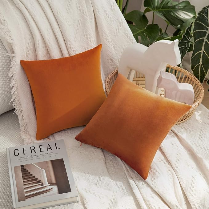 MIULEE Velvet Fall Throw Pillow Covers 12x12 Inch Pack of 2 Orange | Soft Solid Small Decorative Pillow Covers, Modern Luxury Home Decor, for Couch Chair Sofa Bedroom Livingroom Car