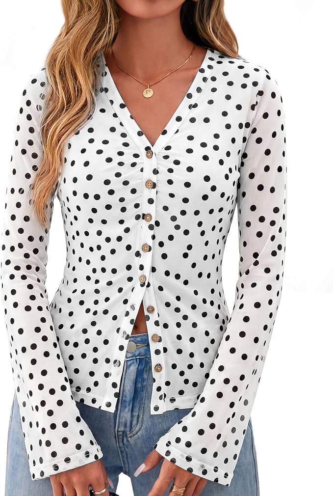 BTFBM Button Down Shirts for Women 2026 Fall Boho Tops V Neck Long Sleeve Blouses Ruched Mesh Fitted Fashion Clothing