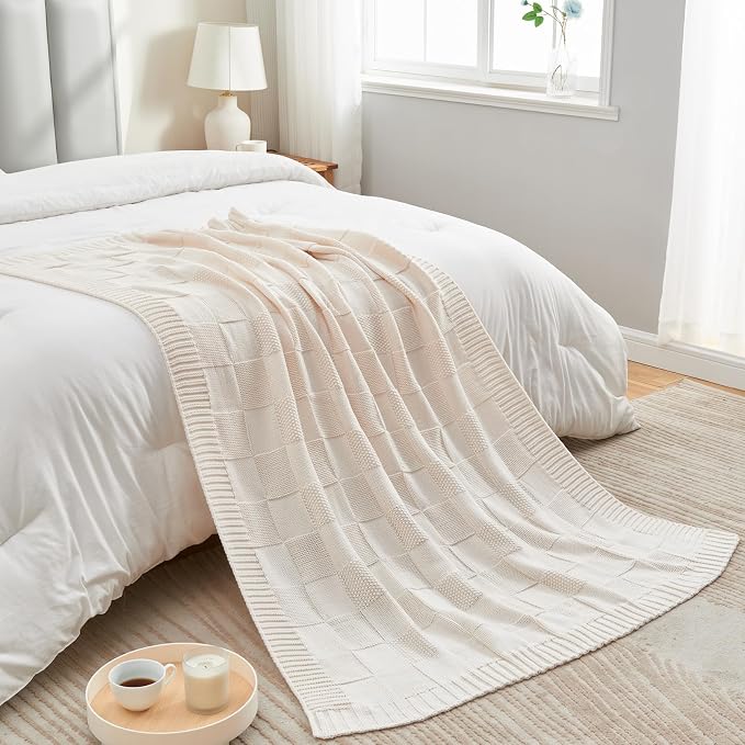 CozeCube Cream White Knitted Checkered Throw Blanket 60"X80" | Check Knit Throw for Couch, Decorative Christmas Soft Cozy Warm Blanket for Bed Sofa Living Room