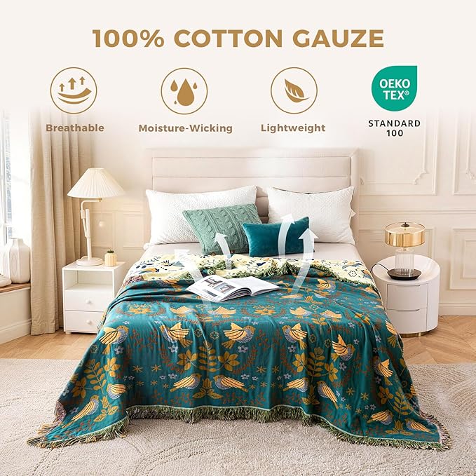 LUTBM Boho Throw Blanket for Couch 50"x60", 100% Cotton Soft Bed Blankets | Reversible Floral Birds Embroidery Throws, All-Season, For Chair Sofa Living Room Bedroom, Lightweight Breathable, Home Decor