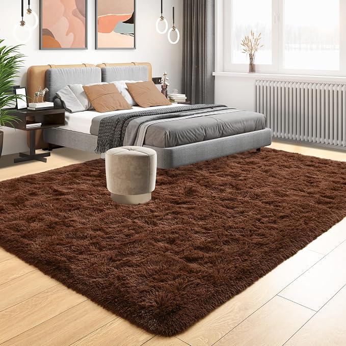 Tepook 9x12 Brown Area Rugs for Living Room Bedroom, Soft Fluffy Plush Shaggy Girls Boys Kids Room Rug, Shag Upgrade Non-Slip Throw Carpet for Dorms Nursery Classroom Home Decor