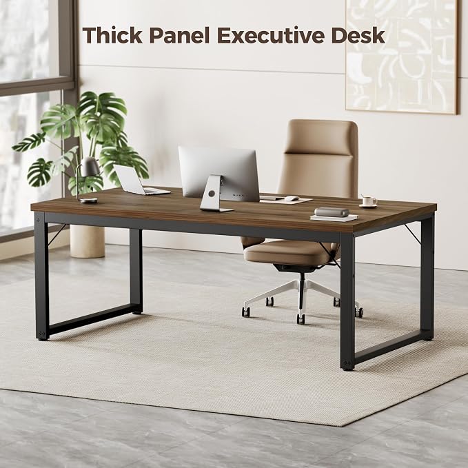Mericonia 54 Inch Computer Desk, 1" Thick Large Office Table, Walnut | Modern Simple Style, Heavy Duty Industrial Frame, Study & Writing Table for Home Bedroom Work