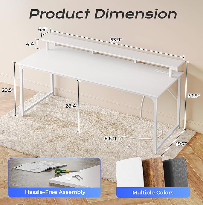 PRAISUN 55 inch Gaming Desk, LED & Power Outlets, Monitor Stand, White | Sturdy PC Desk for Home Office, Study & Work, LED Lights, 4 AC Outlets & USB-C Charging Station