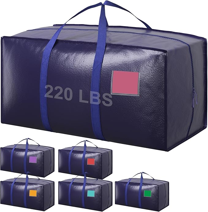 6 Pack Extra Large Heavy Duty Moving Bags with Reinforced Zipper & Wide Handles, Moisture-Resistant Storage Bins Packing Cubes for Clothes, College Dorm, Travel, and Home Organization, Dark Blue