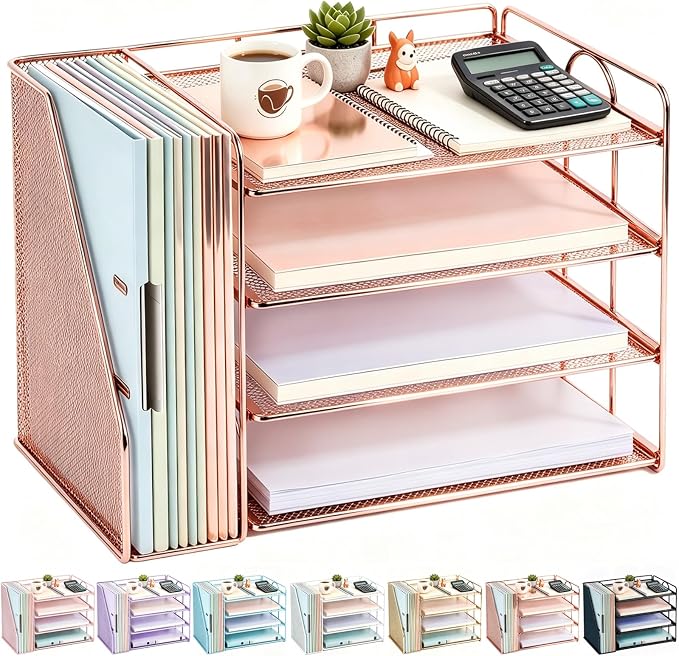 gianotter 4-Tier Paper Organizer With Magazine Holder | Desk Organizers and Accessories, File Organizer for Office Supplies Storag (Rose Gold, 4-Tier)