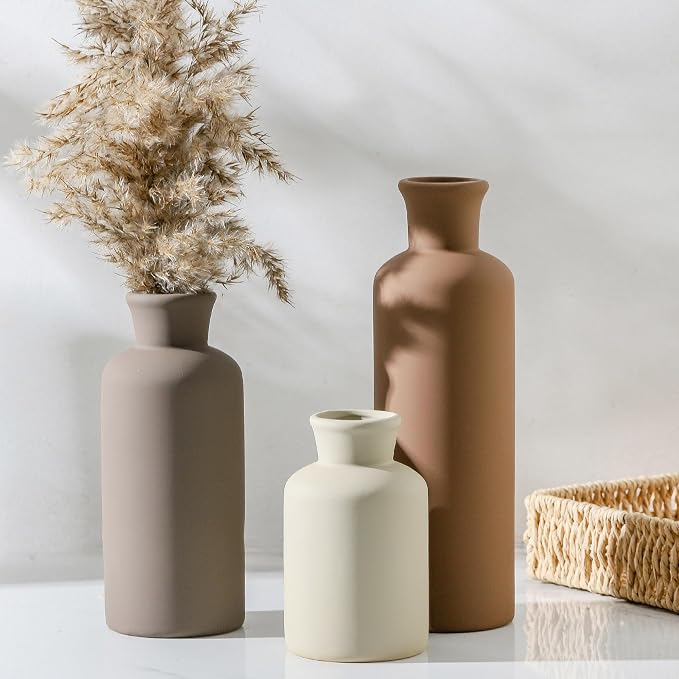 Ceramic Vase Set of 3, Flowers Neutral Modern Vases Home Decor Rustic Farmhouse Decor Pampas Vase for Table Mantel Entryway Shelf Living Room Kitchen Bathroom - Brown