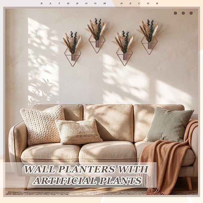 Jexine 4 Pcs Hanging Planters with Artificial Pampas Metal Hanging Vase Indoor Plants Holder Modern Geometric Boho Bathroom Wall Decor for Living Room Home Office, Bronze