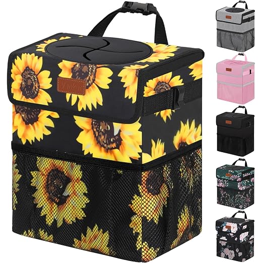 Vankor 3 Gallons Car Trash Can with Lid, Car Bag Bin Hanging Waterproof Automotive Garbage Cans Leak Proof Vehicle Trash Can Sunflower