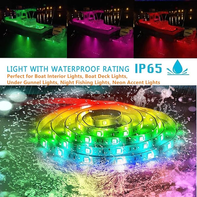 Led Strip Boat Lights Kit, 40FT Bluetooth Multi-Color Marine Pontoon Led Lights, Waterproof Boat Interior Light, Under Gunnel Deck Light, Night Fishing Lighting, APP/Remote Control, Sound Music Sync