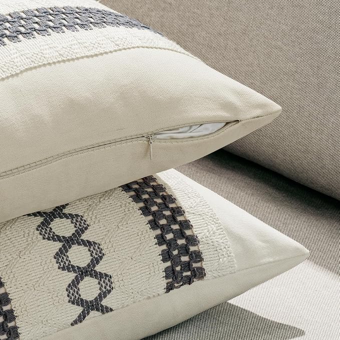 MIULEE Set of 2 Gray Boho Decorative Pillow Covers 18x18 Inch | Farmhouse Couch Throw Pillows, Modern Spring Cotton Cushion Covers, Macrame Woven Home Decor for Bed Sofa Chair