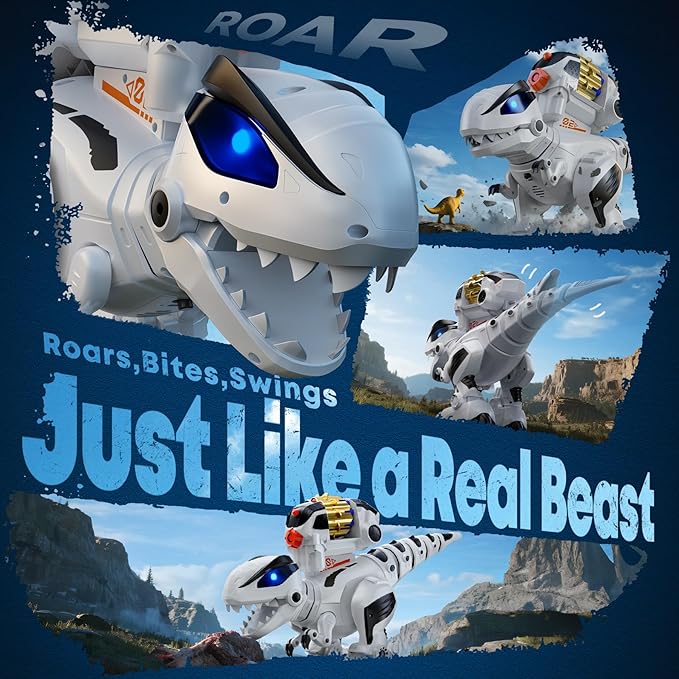 Ruko 8809 Robot Dinosaur Toys for Kids, Birthday Gift for Boys Age 3-8 | Interactive with Sound Effects, Remote Control T-Rex, STEM Programmable, Rechargeable, LED Eyes, Soft Dart, White
