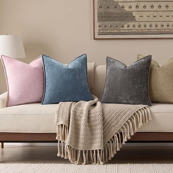 decorUhome Soft Chenille Throw Pillow Covers 24x24 Set of 2 Dark Grey | Fall Textured Decorative Throw Pillow Cases Stitched Edge Modern Farmhouse Luxury Boho Velvet for Couch Sofa Bed Home Decor