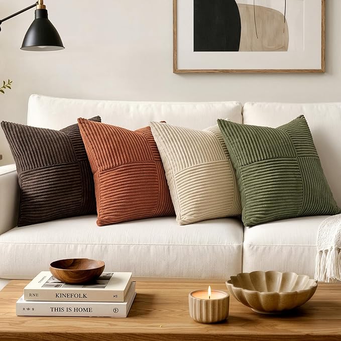 MIULEE Natural Beige Decorative Euro Sham Pillow Covers 24x24 Inch 2 Pack | Neutral Boho Farmhouse Pillow Covers, Soft Cross Corduroy Patchwork Textured Cushion Cases For Couch Bed Sofa